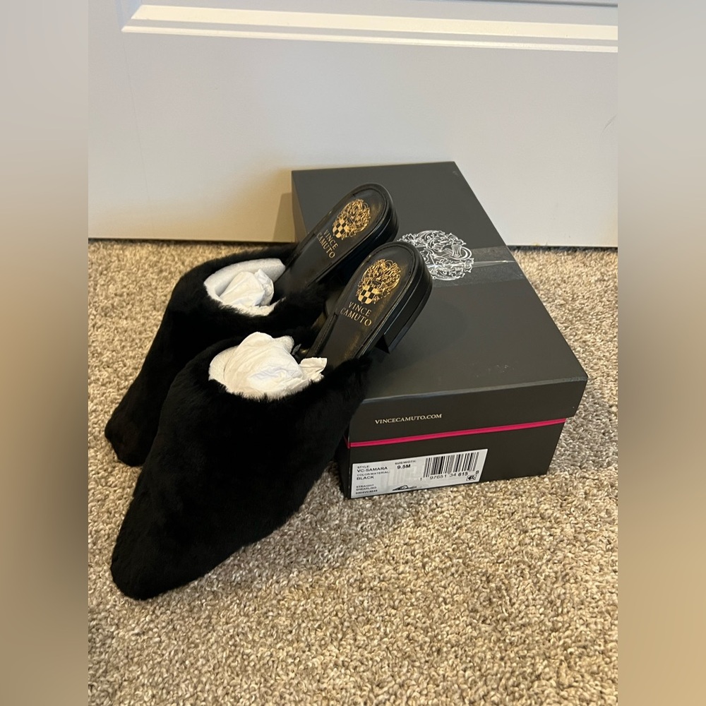 NIB Vince Camuto Samara Black Shearling Faux Fur Pointed Mule Slides Flats 9.5 - Picture 8 of 16